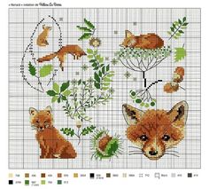 the cross stitch pattern shows different types of animals and plants, including an orange fox