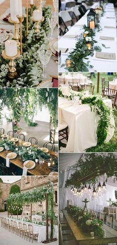 wedding tables and chairs are decorated with greenery