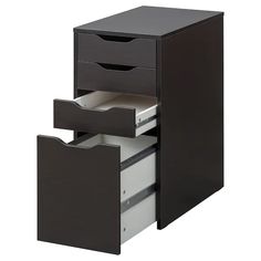 an office desk with three drawers and one file cabinet in the bottom drawer is open