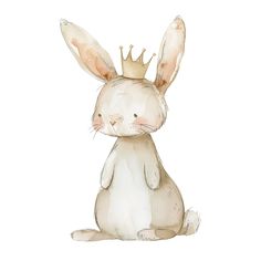 a watercolor drawing of a rabbit wearing a crown on its head and sitting down