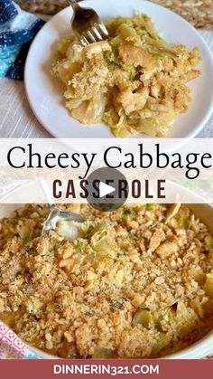 cheesey cabbage casserole in a white bowl with a fork