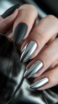 35 Stunning Chrome Nail Art Designs to Elevate Your Style in 2024 - nailosphere.com Black Matte And Chrome Nails, Black And Chrome Nails Short, Silver Chrome And Black Nails, Black Nails With Chrome Powder, Black And Metallic Nails, Matte And Chrome Nails, Black And Silver Chrome Nails, Black And Chrome Nails Designs, Matte Chrome Nails