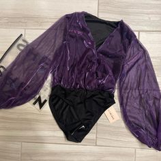 Purple Bodysuit-Nwt, Size Large Chic Purple Swimwear For Parties, Chic Purple Party Swimwear, Spring Party Purple Bodysuit, Purple Bodysuit For Summer Nights, Purple One-piece Bodysuit For Party, Purple Summer Bodysuit For Night Out, Summer Purple Bodysuit For Night Out, Turtleneck Leotard, Purple Bodysuit