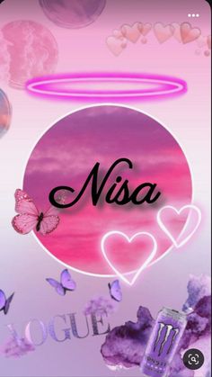 the word nisa is surrounded by hearts and butterflies in front of a pink background