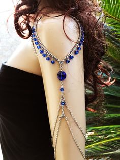 Chain Armlet Shoulder armor chain shoulder jewelry by Ninnos Artistic Blue Jewelry For Festivals, Mystical Blue Jewelry For Festivals, Handmade Fantasy Body Jewelry For Party, Handmade Blue Fantasy Jewelry, Royal Blue Dress Accessories, Body Shein, Gothic Chain Body Jewelry For Festivals, Shoulder Jewellery, Shoulder Chain Jewelry