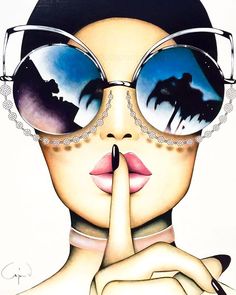 a painting of a woman with sunglasses and palm trees on her face, making a finger to her lips