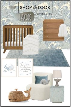 a baby's nursery room with blue and white decor