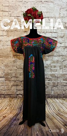 Gorgeous San Antonio dress hand embroidered on both sides with silk thread on poplin fabric. The fine detail of the dress is a staple of the state of Oaxaca, Mex. Artisans take up to one year to complete one dress. Available in many colors. Match it with one of our Mexican Accessories: Espadrilles, Necklace, Shawl or Mexican Clutch. Perfect for any Mexican Themed party celebration. Look at our entire San Antonio Collection here. SIZE CHART SAN ANTONIO MEXICAN LONG DRESS WIDTH BUST LENGTH ONE SIZ Mexican Accessories, Mexican Themed Party, Mexican Dress, Mexican Dresses, Party Celebration, Navy Gold, Silk Thread, Celebration Party, Poplin Fabric