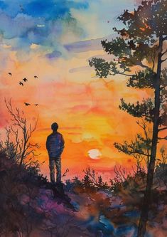 a painting of a man standing on top of a hill watching the sun go down