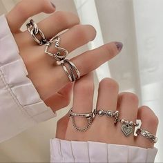 7pcs Simple Lady Chain Ring Set - Classic Geometric Style For Women - Fashionable Aluminium Alloy Material From Zhejiang China All Ring Sizes Are Adjustable New With Tag Same Day Shipping Trendy Chain Rings In Metal, Trendy Metal Chain Rings, Silver Chain Ring For Everyday Wear, Trendy Silver Chain Ring For Everyday, Trendy Silver Alloy Midi Rings, Trendy Alloy Midi Rings As Gift, Trendy Metal Midi Rings, Ring Party Jewelry, Trendy Rings