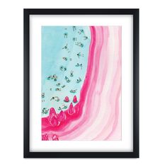 a painting with pink and blue colors on the bottom, in a black framed frame