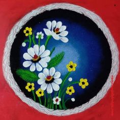 a painting of white flowers in a blue bowl on a red tablecloth with black border