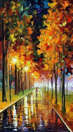 an oil painting on canvas of trees and street lights in the rain, with one person walking