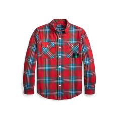 This shirt combines a workwear-inspired silhouette with lightweight cotton flannel and mending for a rugged look that’s distinctly Polo. Flannel Long Sleeve Work Shirt, Long Sleeve Flannel Shirt For Work, Relaxed Fit Flannel Shirt For Work, Plaid Flannel Shirt For Work, Ralph Lauren Fall Shirt For Work, Ralph Lauren Casual Fall Shirt, Plaid Cotton Flannel Shirt For Work, Cotton Flannel Shirt With Patch Pockets For Fall, Rugged Cotton Flannel Shirt For Fall