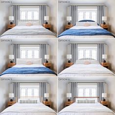 four different pictures of a bed with white sheets