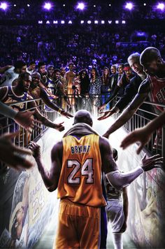 the basketball player is surrounded by his team mates as he walks up to the court