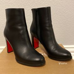 Louboutin Adox 85 Black Leather Ankle Heeled Red Bottom Booties In Size 38.5. Only Worn One Time, Minimal Signs Of Use, Mostly On The Sole. Ultra-Versatile And Sleek, This Supple Calfskin Bootie That Narrows At The Ankle Is Set On A Major Heel For An Extra Flash Of Iconic Louboutin-Red Glamour. Comes With Dust Bag And Original Box. Please Note That The Red Lacquer On The Soles Will Wear Off As A Result Of Normal Use. To Minimize The Effect, Avoid Wearing These Shoes In Wet Weather Or On Abrasive Red Louboutin, Ankle Heels, Red Bottoms, Christian Louboutin Shoes, Calf Skin, Bootie Boots, Christian Louboutin, Dust Bag, Ankle Boots