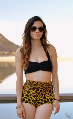 high  waist bikinis. Vintage style leopard and black swimsuit. Beachwear Tankini With Built-in Bra And High Waist, High Waist Tankini With Built-in Bra For Swimming, High Waist Tankini With Built-in Bra For Poolside, High Waist Tankini With Built-in Bra For Vacation, Trendy Bandeau Swimwear With Built-in Bra, Beachwear Crop Top With Built-in Bra, High Waist Swimwear With Built-in Shorts, High Waist Tankini With Built-in Bra For Beach Season, High Waist Swimwear With Built-in Bra For Beach