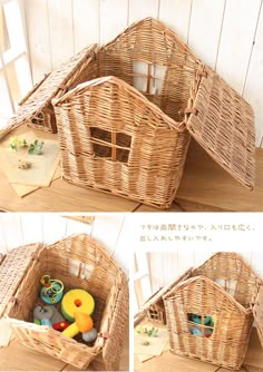 this is an image of a doll house made out of wicker and plastic toys