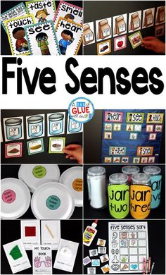 five different pictures with the words five sensees in black, white and green on them