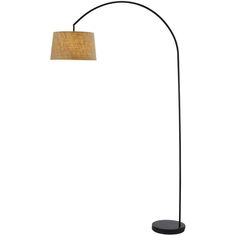 a black floor lamp with a brown shade on it's side and a white background