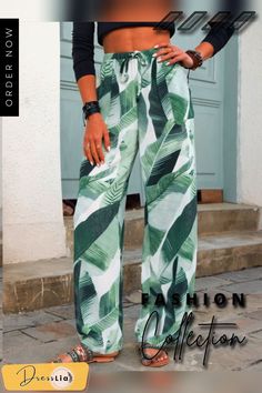 Summer New Printed Women's Pants Fashion Loose High Waist Wide Leg Casual Pants Streetwear Women Woman Pants Joggers Women Green Non-stretch Pants For Vacation, Trendy Green Pants For Vacation, Trendy Non-stretch Pants For Vacation, Trendy Green Beach Pants, Green Trousers For Vacation, Wide Leg Casual Pants, Joggers Women, Woman Pants, Pants Streetwear