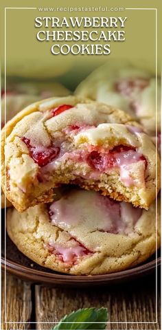 strawberry cheesecake cookies are cut in half on a plate with the title above it