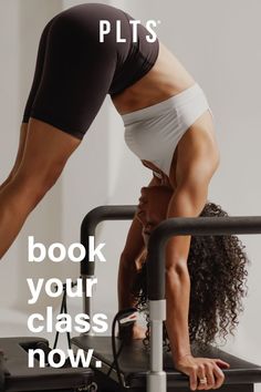 a woman is doing exercises on a machine with the caption reads, book your class now