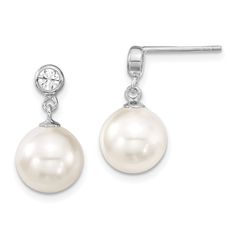 White Pearl and Cubic Zirconia Dangle Earrings at $ 41.35 only from Jewelryshopping.com Natural Stone Earrings, Nautical Jewelry, Pearl Types, White Earrings, Silver Drop Earrings, Shell Beads, Color 2, Cz Stone, Pearl Jewelry