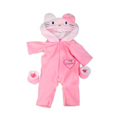 a pink hello kitty onesie with matching slippers and booties is shown in front of a white background