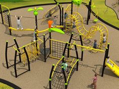 an artist's rendering of a children's play area in a park with swings, slides and climbing bars