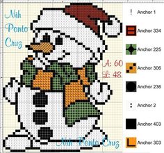 a cross stitch snowman with a santa hat and scarf