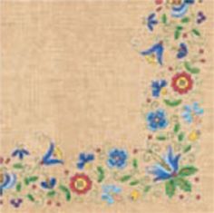 an embroidered piece of cloth with flowers and birds on the border, in various colors