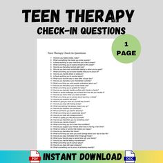 Support your teen clients with our "Teen Therapy Check-In Questions," a valuable resource designed to facilitate meaningful conversations and build rapport. This comprehensive collection of questions is perfect for therapists, counselors, and mental health professionals working with adolescents. Available in both PDF and Word formats, these questions are easy to use, editable, and searchable, making your sessions more effective and engaging. Key Features: - Comprehensive Collection: Thoughtfully crafted check-in questions for teen therapy. - Formats: Available in PDF 📄 and Word 📝 formats for ease of use and customization. - Searchable and Editable: Easily find and modify questions to fit your needs. - Immediate Access: Instant download ⚡ for quick integration into your practice. Ideal Fo Therapy Tools For Teens, Therapy Questions For Teens, Teen Therapy Activities Mental Health, Therapy Ideas For Teens, Therapy Check In Questions, Therapist Questions, Check In Questions, Therapy Questions, Counseling Tools