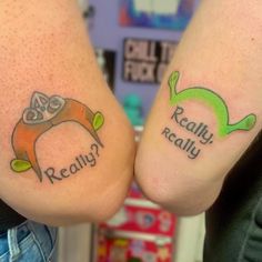 two people with matching tattoos on their legs that say really, really, really and really