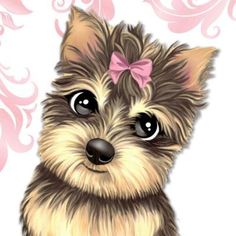 a small dog with a pink bow on its head