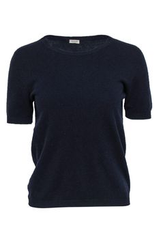 Current Boutique-Agnona - Navy Short Sleeve Wool Blend Sweater Sz L Cozy Wool Tops For Spring, Cozy Cashmere Tops For Layering, Cozy Cashmere Top For Fall, Comfortable Cashmere Top For Fall, Cozy Wool Fine Knit Tops, Merino Wool Tops For Everyday Fall Wear, Merino Wool Top For Everyday Fall Wear, Everyday Merino Wool Top For Fall, Cozy Merino Wool Tops For Layering