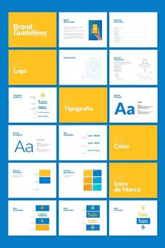 the brand guidelines are displayed in yellow and blue