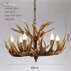 an antler chandelier is shown with the measurements for each light fixture in this photo