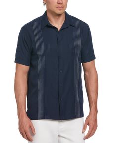 You never go out of style and neither does the Cubavera Ombre Embraided shirt. This short sleeve shirt is made from dobby fabrication and designed with embroidered stripes making you stand out in a crowd. Its versatility makes it a perfect shirt for everyday wear or when you're looking for a nice evening out. 100% Polyester Classic Fit Easy Care Soft Touch Dobby Fabrication Adds Subtle Texture Soft Touch Fabric For Added Comfort Point Collar For A Polished Look Short Sleeves Machine Wash Importe Navy Short Sleeve Camp Shirt For Summer, Navy Collared Short Sleeve Shirt For Summer, Embroidered Stripes, Panel Shirt, Dress Blues, Blue Striped Shirt, Look Short, Mens Big And Tall, Big And Tall