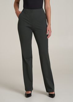 Stand Above the Rest in Style Sleek Pants for Tall Women Introducing your new power player: our tailored Dress Pants. These aren't just tall women's pants; they're a statement. With a flat front design and meticulous tailoring, they epitomize polish and poise. Whether you're commanding the boardroom or charming at a dinner, these women's tall pants ensure you stand out in comfort and style.• Slash and single welt pockets for utility and flair• Flat front for a smooth, modern silhouette• Full len Formal Straight Elastane Dress Pants, Formal Straight Dress Pants With Elastane, Straight Stretch Dress Pants For Formal Occasions, Sleek Fitted Straight Bottoms, Fitted Straight Dress Pants, Fitted Straight Bottoms For Formal Occasions, Fitted Straight Bottoms For Workwear, Full Length Elastane Work Pants, Full Length Elastane Work Pants For Workwear