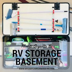 an organized storage case filled with tools and cleaning supplies for the rv or camper