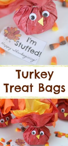 turkey treat bags made out of paper and candy cornucons with the words turkey treat bags on them