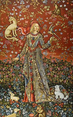 an image of a woman surrounded by animals and flowers in the middle of a painting