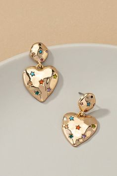 Gold Heart Earrings With Rhinestones For Valentine's Day, Gold Rhinestone Heart Earrings, Gold Heart-shaped Earrings With Rhinestones, Glamorous Gold Heart Earrings, Gold Heart-shaped Crystal Earrings For Pierced Ears, Gold Heart-shaped Crystal Earrings, Gold Star-shaped Crystal Earrings For Party, Gold Heart Shaped Crystal Earrings For Party, Trendy Gold Heart Earrings For Party