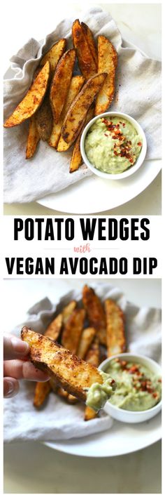 two plates filled with different types of food on top of a white plate and the words potato wedges vegan avocado dip