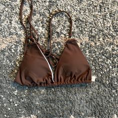 Brown Bikini Top - Never Worn Spring Brown Swimwear For Poolside, Brown Swimwear For Spring Beach Party, Brown Swimwear For Poolside Spring Season, Brown Swimwear For Spring Sunbathing, Brown Beachwear Swimwear For Spring, Lined Triangle Top Swimwear For Beach, Brown Triangle Halter Top For Vacation, Brown Halter Top For Beach Season Vacation, Brown Summer Halter Top For Beach Season