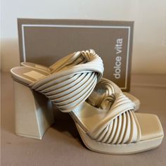 Dolce Vita Ivory Heels Size 10 New With Box Chic Cream Heels With Sculpted Heel, Chic Beige Heels With Block Heel, Beige Feminine Heels With Block Heel, Feminine Beige Heels With Block Heel, Feminine Beige Block Heel Shoes, Cream Heels With Stacked Heel For Party, Chic Beige Platform Heels, Feminine Beige Heels With Padded Heel, Cream Party Heels With Stacked Heel