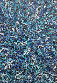 an abstract painting with blue and white leaves in the center, on a black background