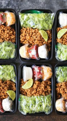 six plastic containers filled with different types of food